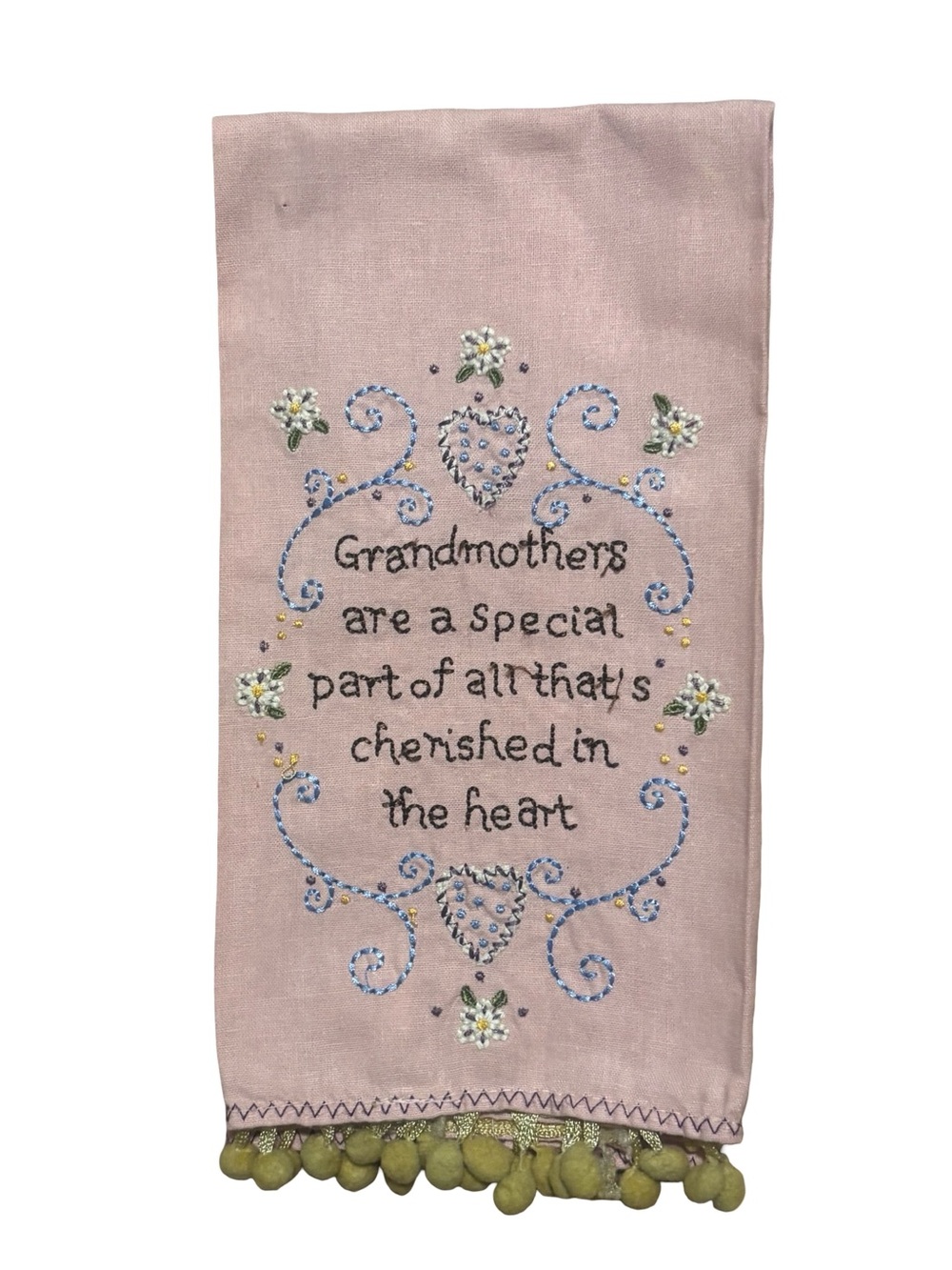 Embroidered Pink 'Grandmothers' Decorative Towel with Pom Poms